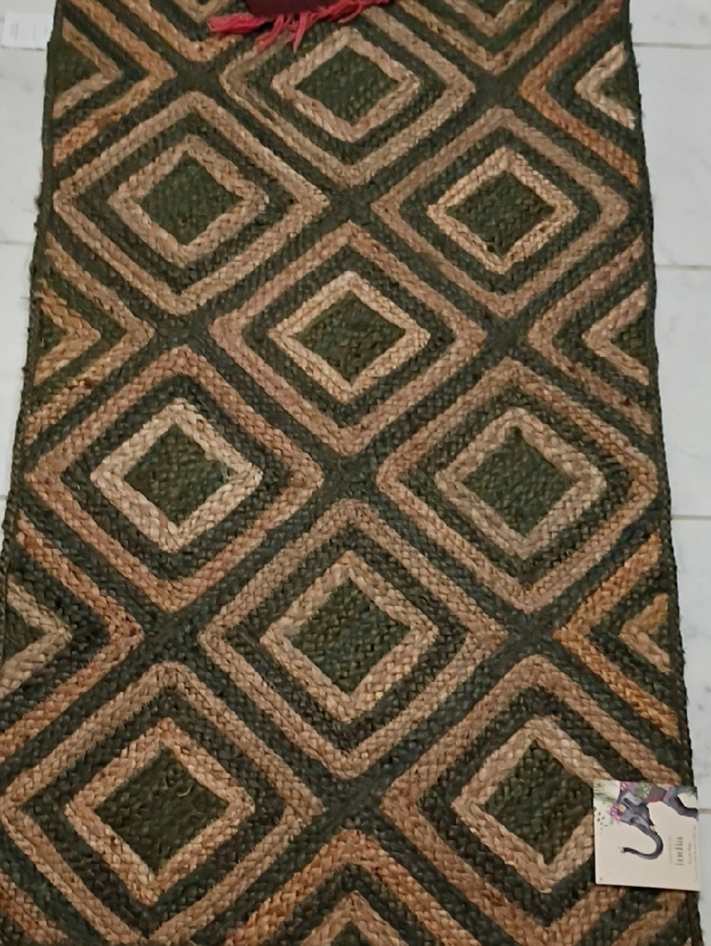 Handcrafted Geometric Jute Runner Rug in Dark Green and Natural